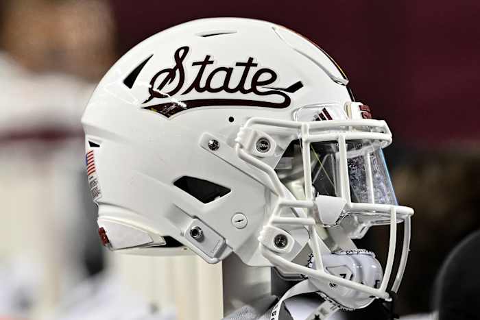 Mississippi State Bulldogs helmet on the sideline during the game against the Texas A&M Aggies at Kyle Field.